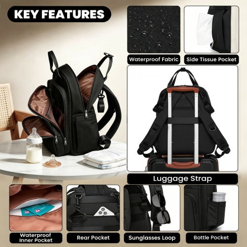 BCM2532 - Miss Lulu Stylish Multifunctional Baby Changing Backpack with Insulated Bottle Holders, Stroller Clips & Trolley Sleeve for Everyday & Travel