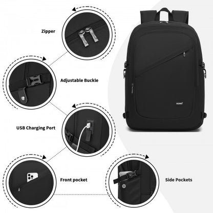 BPK2501 - Kono Modern Urban Style Laptop Backpack – School & Commuter Rucksack with USB & Type-C Charging Port - Black