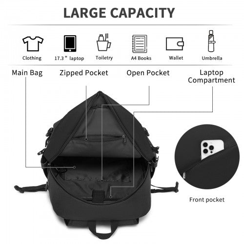 BPK2501 - Kono Modern Urban Style Laptop Backpack – School & Commuter Rucksack with USB & Type-C Charging Port - Black