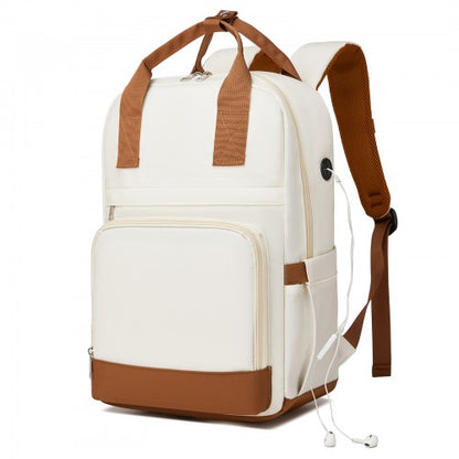 BPK2502 - Kono Casual Contemporary Backpack with Laptop Sleeve & Padded Straps for Daily Commute - Cream and Brown
