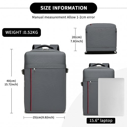 BPK2504 - Kono 20L Cabin Backpack with Red Trim for 15.6” Laptop – Water-Resistant Travel Daypack with Luggage Strap - Grey
