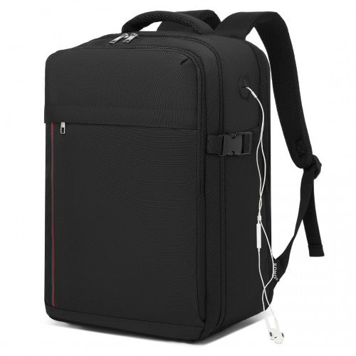 BPK2504 - Kono 20L Cabin Backpack with Red Trim for 15.6” Laptop – Water-Resistant Travel Daypack with Luggage Strap - Black