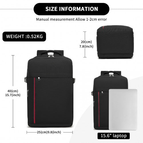 BPK2504 - Kono 20L Cabin Backpack with Red Trim for 15.6” Laptop – Water-Resistant Travel Daypack with Luggage Strap - Black