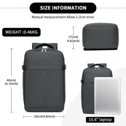 BPK2505 - Kono Urban Smart 15L Carry-On Backpack with Luggage Strap – Ideal for Travel, Work & Daily Commute - Dark Grey