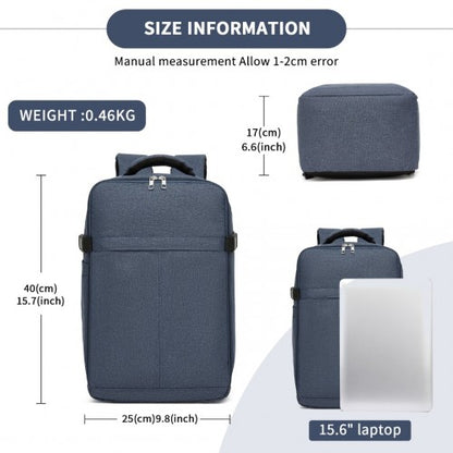 BPK2505 - Kono Urban Smart 15L Carry-On Backpack with Luggage Strap – Ideal for Travel, Work & Daily Commute - Navy