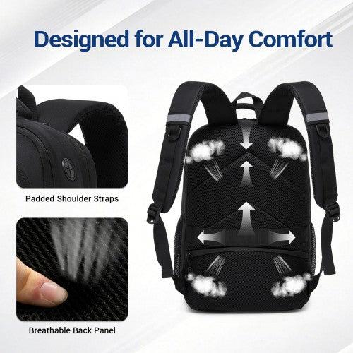Black backpack comfort features highlighting breathable mesh back panel and contoured padded shoulder straps for all-day wear