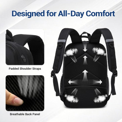 Black backpack comfort features highlighting breathable mesh back panel and contoured padded shoulder straps for all-day wear
