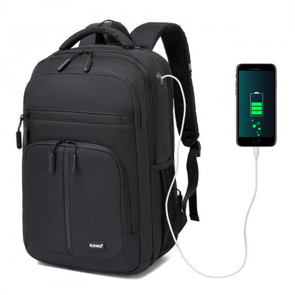 Black Kono backpack with external USB charging port connected to smartphone and side mesh water bottle holder