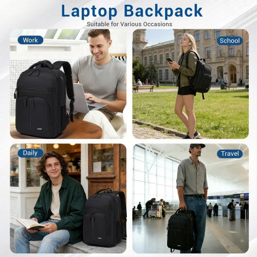 Laptop backpack lifestyle collage showing use cases for work, school, daily commute, and airport travel