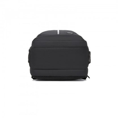 Rear view of structured black Kono backpack with horizontal stitching, white reflective stripe, and textured mesh base panel
