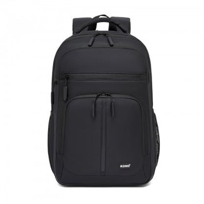 Front studio shot of black Kono backpack with symmetrical dual zippered pockets, white brand label, and durable woven texture