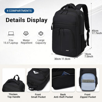 Black water repellent laptop backpack with technical specs showing 15.6 inch capacity, large capacity design, and reinforced seams