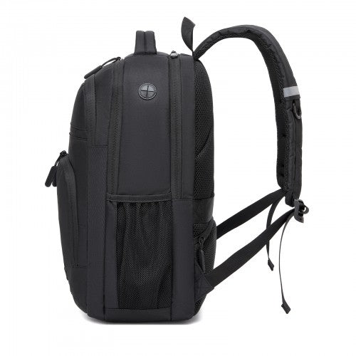 Side profile of black polyester laptop backpack with vertical stitching, zippered side mesh pocket, and top carry handle