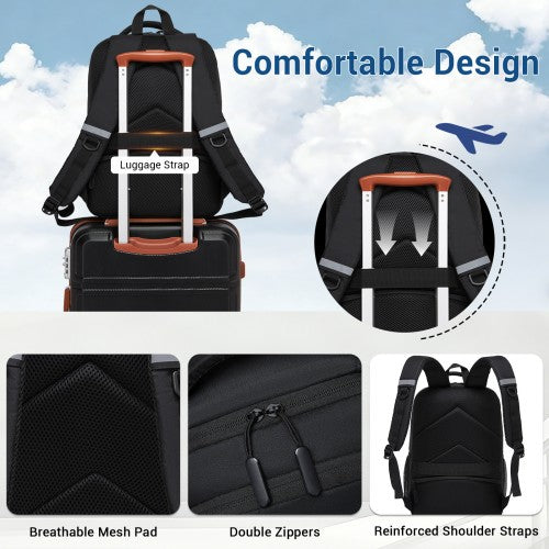 Travel-ready black backpack mounted on rolling suitcase with luggage strap and close-ups of double zippers and ergonomic mesh pad