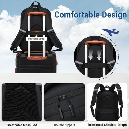 Travel-ready black backpack mounted on rolling suitcase with luggage strap and close-ups of double zippers and ergonomic mesh pad