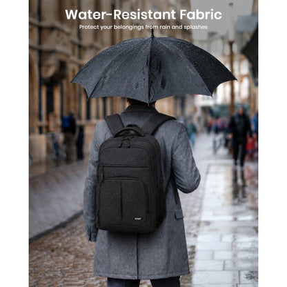Water-resistant black Kono backpack worn by person walking in rain on cobblestone street with matte fabric surface