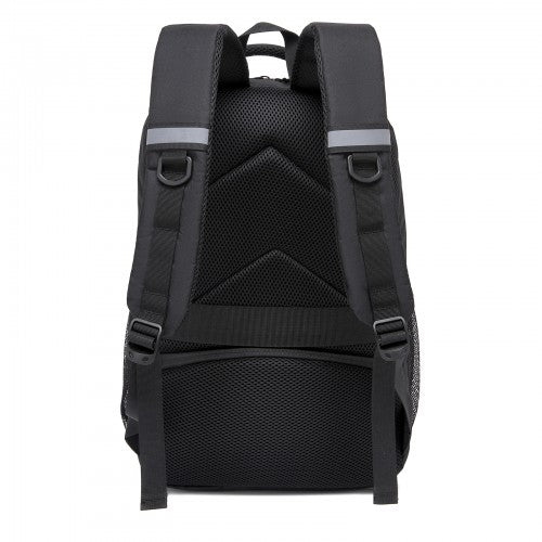 Black Kono laptop backpack back view with textured mesh ventilation panel and padded shoulder straps featuring gray reflective strips