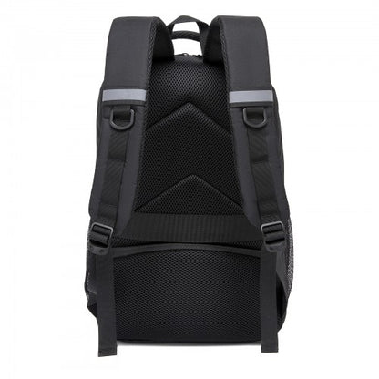 Black Kono laptop backpack back view with textured mesh ventilation panel and padded shoulder straps featuring gray reflective strips