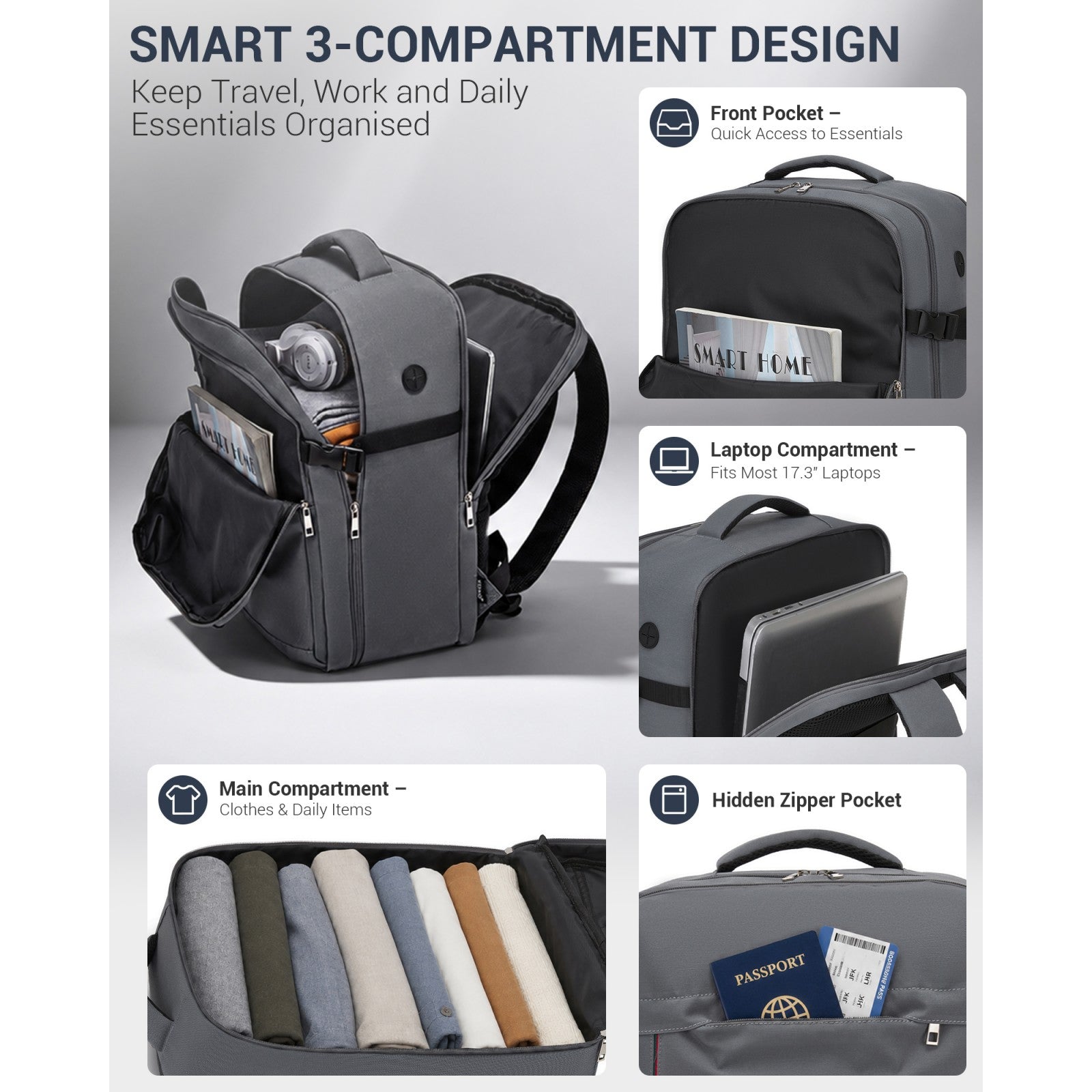 BPK2524L - Kono 32L Upgraded Large Cabin Backpack for 17.3 Inch Laptop