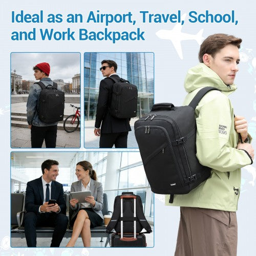 BPK2551 - Kono Flexible Cabin Backpack 30×20×40-Fits 15.6" Laptop, Clamshell Access-Great for Holidays, Work Trips & Commuting - Black