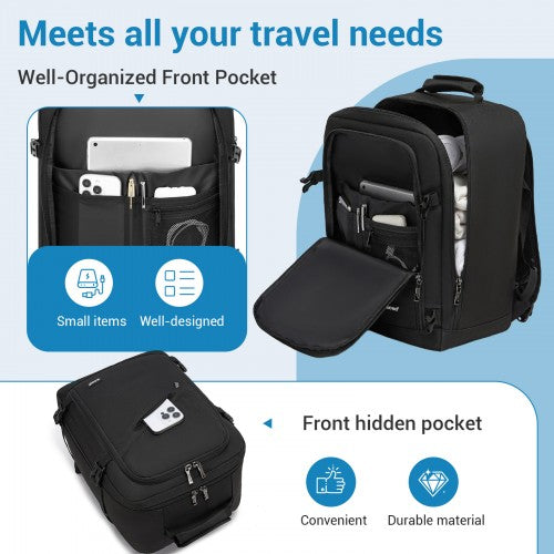 BPK2551 - Kono Flexible Cabin Backpack 30×20×40-Fits 15.6" Laptop, Clamshell Access-Great for Holidays, Work Trips & Commuting - Black