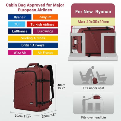 BPK2551 - Kono Flexible Cabin Backpack 30×20×40-Fits 15.6" Laptop, Clamshell Access-Great for Holidays, Work Trips & Commuting