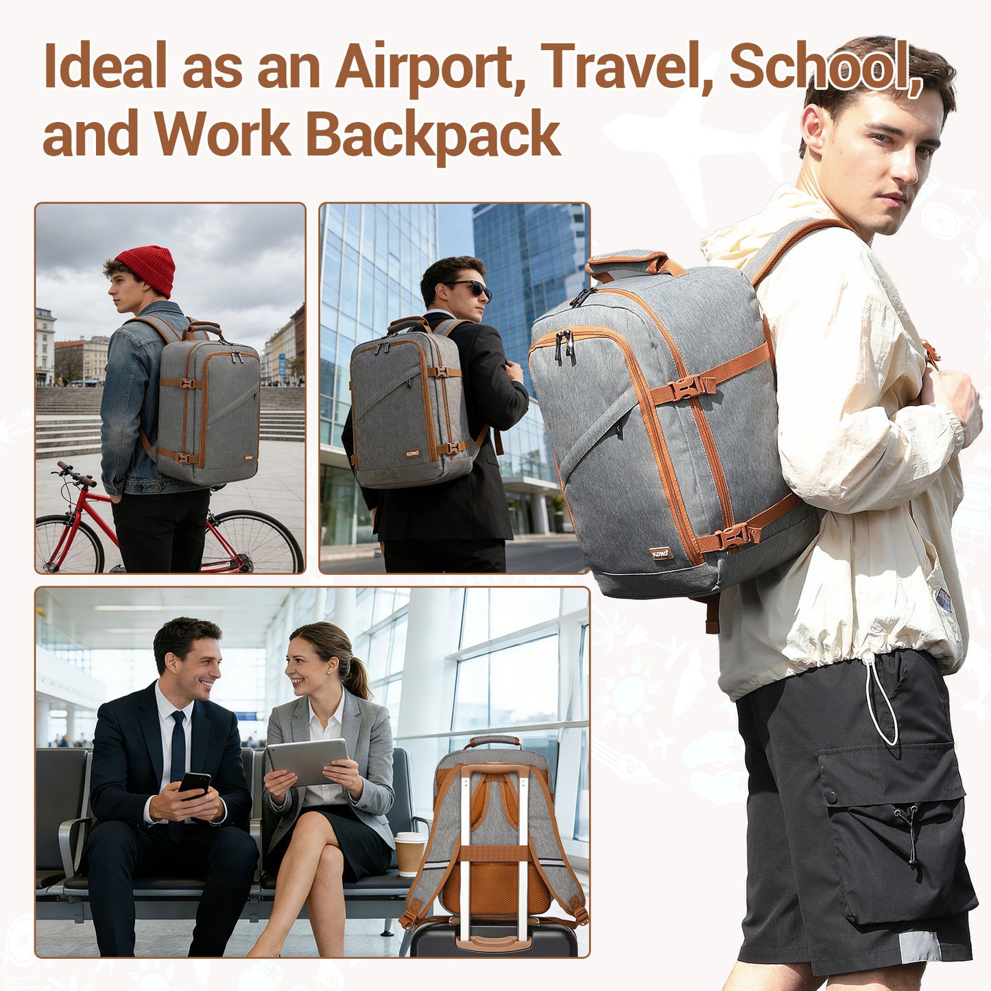 BPK2551 - Kono Flexible Cabin Backpack 30×20×40-Fits 15.6" Laptop, Clamshell Access-Great for Holidays, Work Trips & Commuting