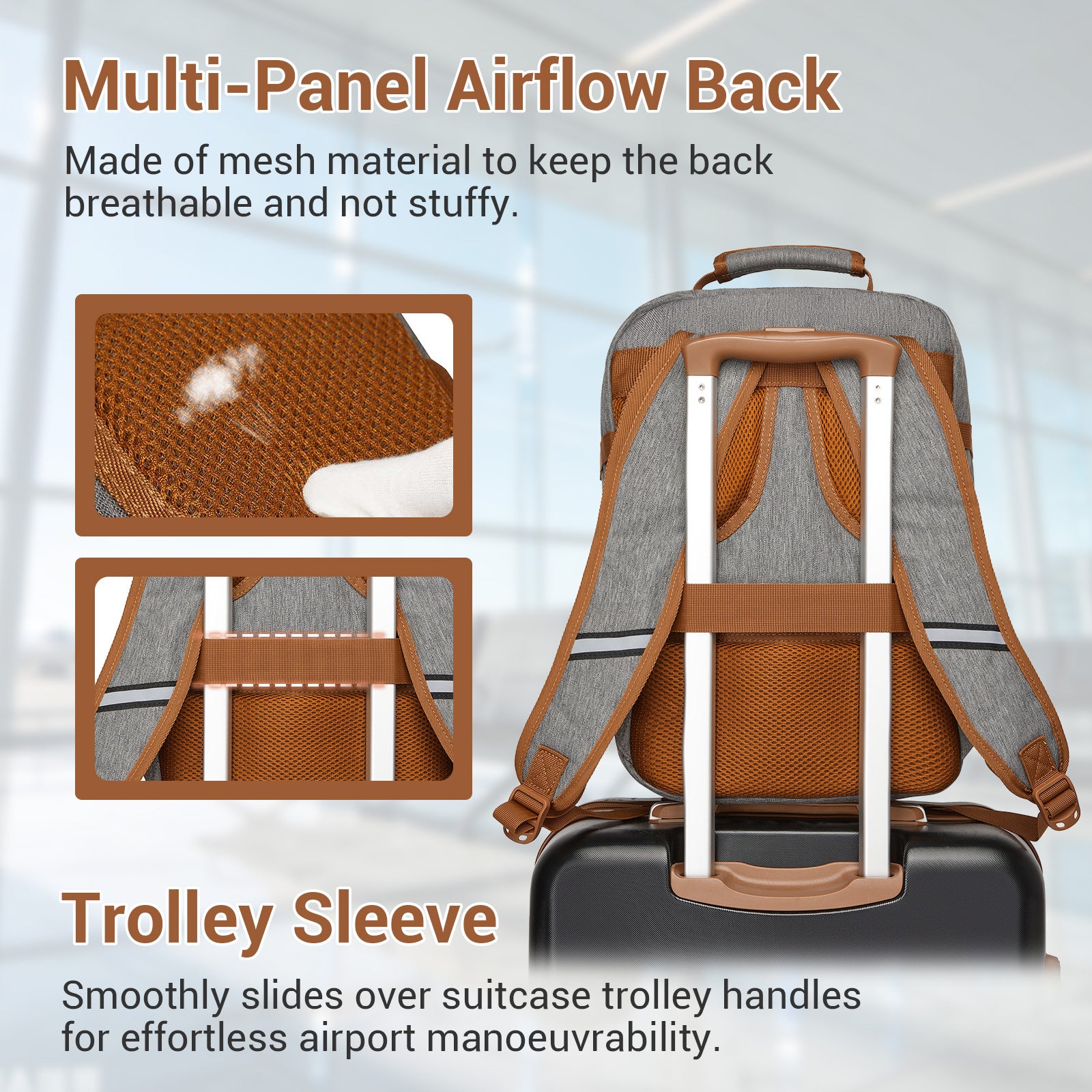 BPK2551 - Kono Flexible Cabin Backpack 30×20×40-Fits 15.6" Laptop, Clamshell Access-Great for Holidays, Work Trips & Commuting