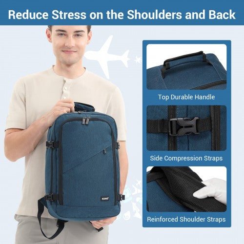 BPK2551 - Kono Flexible Cabin Backpack 30×20×40-Fits 15.6" Laptop, Clamshell Access-Great for Holidays, Work Trips & Commuting