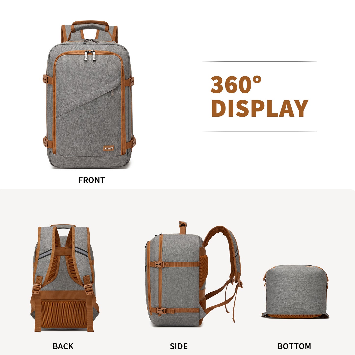 BPK2551 - Kono Flexible Cabin Backpack 30×20×40-Fits 15.6" Laptop, Clamshell Access-Great for Holidays, Work Trips & Commuting