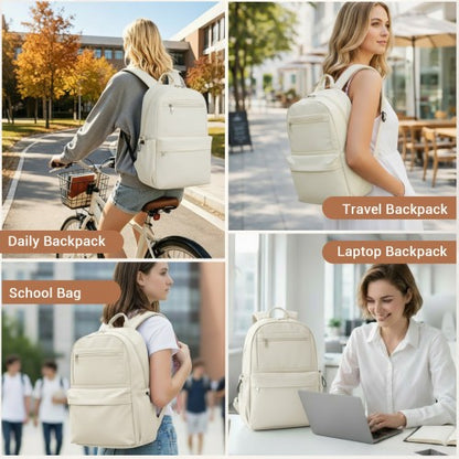 BPK2606 - KONO Stylish Solid-Color Casual Backpack for School and Weekend Trips with Multi-Pocket Storage - Beige