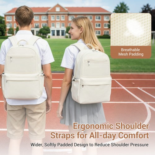 BPK2606 - KONO Stylish Solid-Color Casual Backpack for School and Weekend Trips with Multi-Pocket Storage - Beige