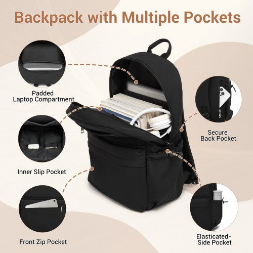 BPK2606 - KONO Stylish Solid-Color Casual Backpack for School and Weekend Trips with Multi-Pocket Storage - Black
