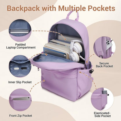 BPK2606 - KONO Stylish Solid-Color Casual Backpack for School and Weekend Trips with Multi-Pocket Storage - Purple