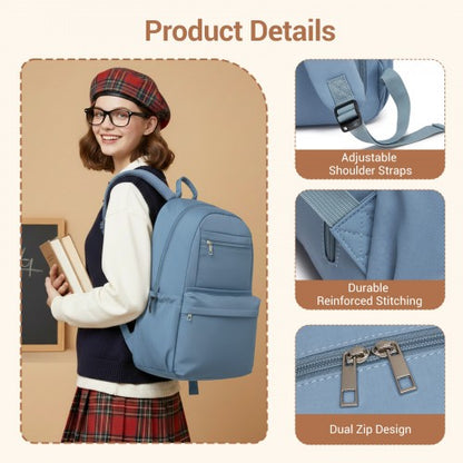 BPK2606 - KONO Stylish Solid-Color Casual Backpack for School and Weekend Trips with Multi-Pocket Storage - Blue
