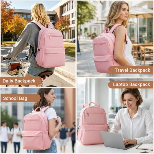 BPK2606 - KONO Stylish Solid-Color Casual Backpack for School and Weekend Trips with Multi-Pocket Storage - Pink