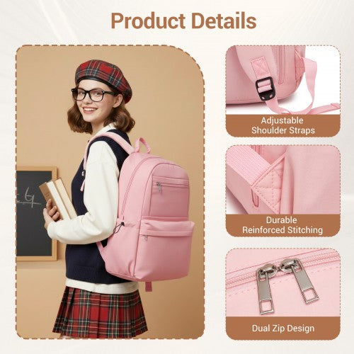 BPK2606 - KONO Stylish Solid-Color Casual Backpack for School and Weekend Trips with Multi-Pocket Storage - Pink