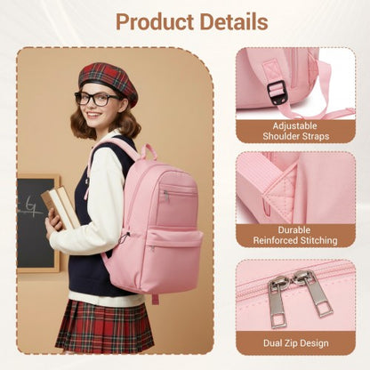 BPK2606 - KONO Stylish Solid-Color Casual Backpack for School and Weekend Trips with Multi-Pocket Storage - Pink