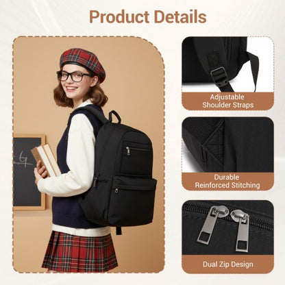 BPK2606 - KONO Stylish Solid-Color Casual Backpack for School and Weekend Trips with Multi-Pocket Storage - Black