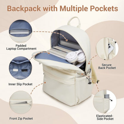 BPK2606 - KONO Stylish Solid-Color Casual Backpack for School and Weekend Trips with Multi-Pocket Storage - Beige