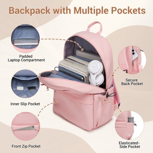 BPK2606 - KONO Stylish Solid-Color Casual Backpack for School and Weekend Trips with Multi-Pocket Storage - Pink
