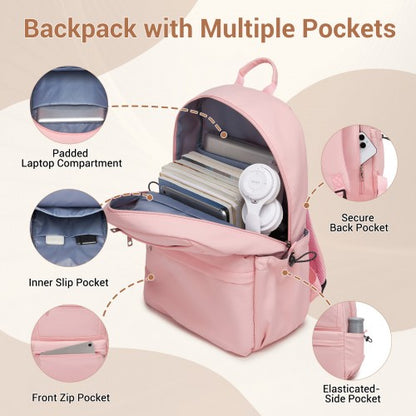 BPK2606 - KONO Stylish Solid-Color Casual Backpack for School and Weekend Trips with Multi-Pocket Storage - Pink