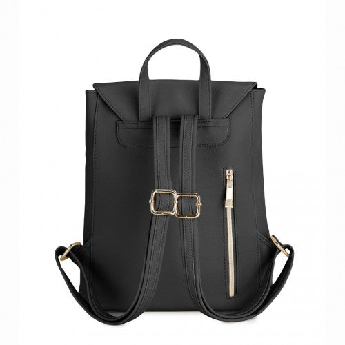 BPM2427 - Miss Lulu Stylish Faux Leather Backpack Secure Daypack with Magnetic Snap Closure Fashionable PU Leather Travel Bag - Black
