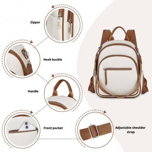 BPM2453 - Miss Lulu PU Leather Convertible Backpack Crossbody Bag - Lightweight Anti-Theft Daypack with Multiple Pockets - Beige