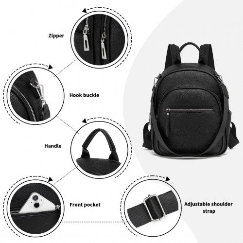 BPM2453 - Miss Lulu PU Leather Convertible Backpack Crossbody Bag - Lightweight Anti-Theft Daypack with Multiple Pockets - Black