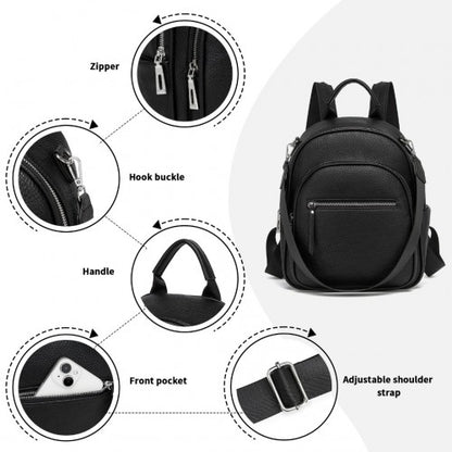BPM2453 - Miss Lulu PU Leather Convertible Backpack Crossbody Bag - Lightweight Anti-Theft Daypack with Multiple Pockets - Black