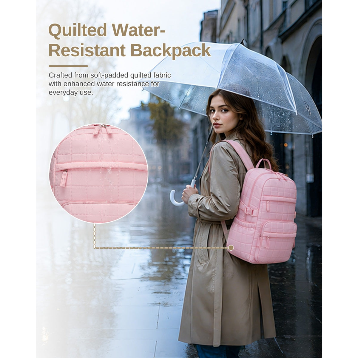 Pastel pink quilted water-resistant backpack with soft-padded grid texture beading rain on city street