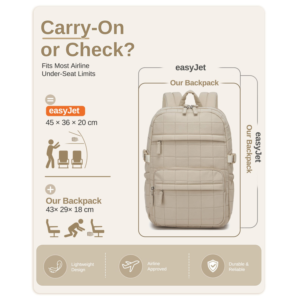 Beige airline approved carry-on backpack fitting under easyJet seats with quilted design and 43cm dimensions