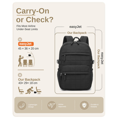 Black compact travel backpack meeting airline carry-on size limits with quilted fabric and durable construction