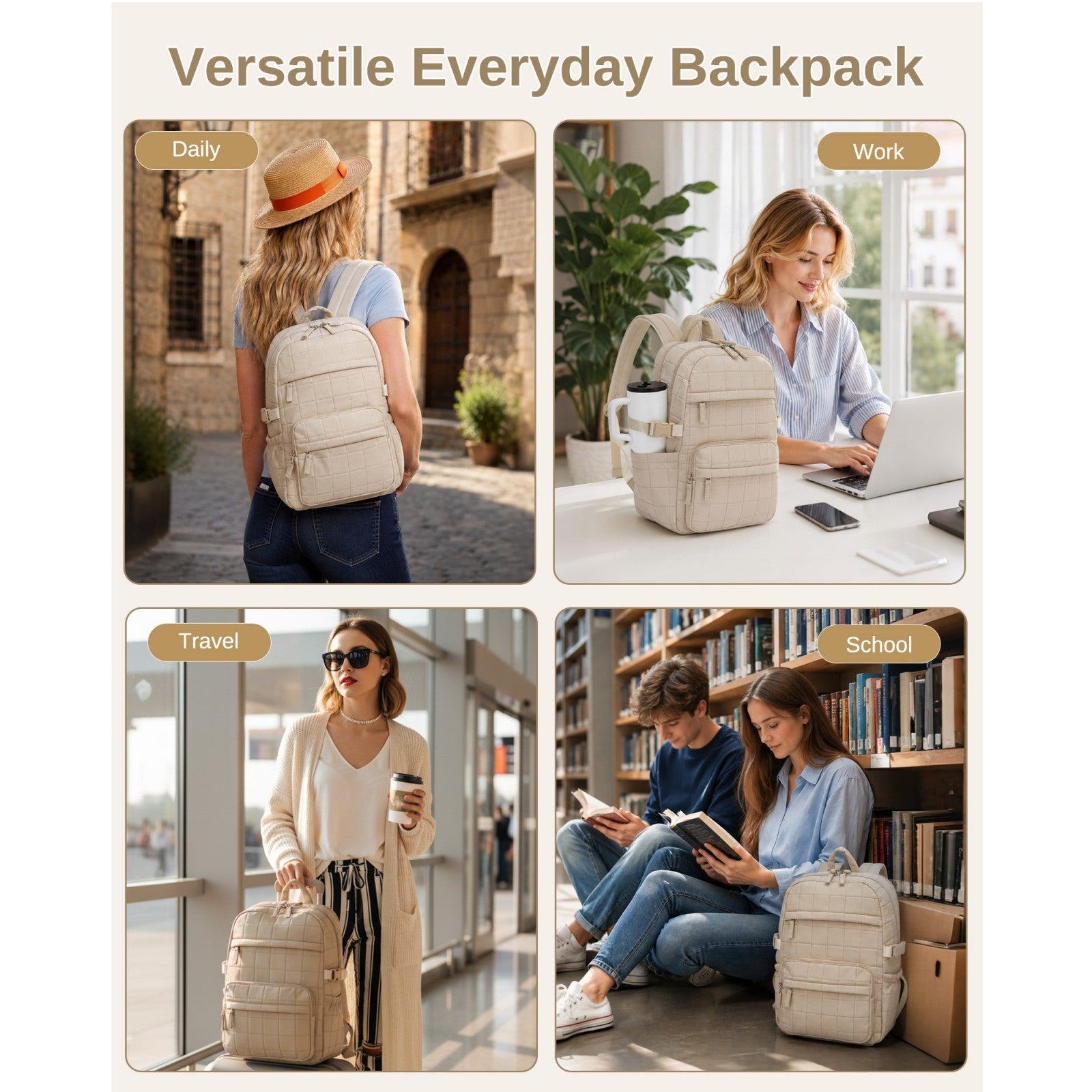 Beige quilted backpack lifestyle collage showing daily commute, work desk, travel, and school library usage